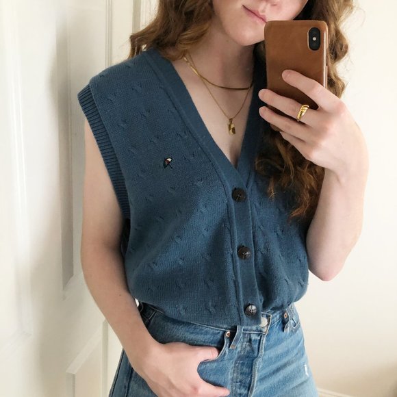 Vintage Oversized Cable Knit Button Up Sweater Vest Grandpa Preppy Academia Cool - Picture 2 of 13